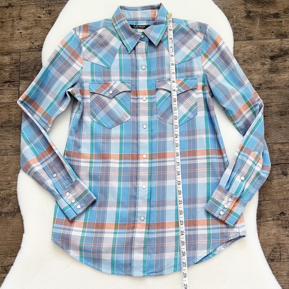 Ralph Lauren Plaid Western Pearl Snap Top Button Down Cotton Blouse Blue Small - Picture 9 of 13